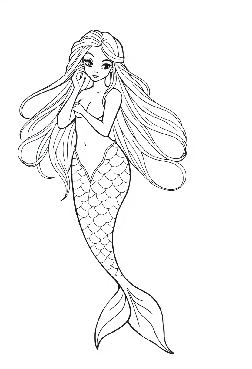 Mermaid with Long Flowing Hair coloring page, free printable