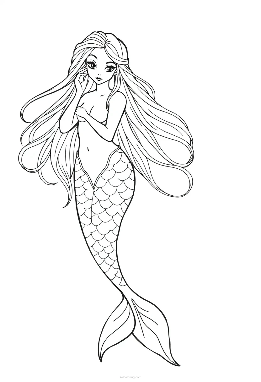 Mermaid with Long Flowing Hair coloring page for kids