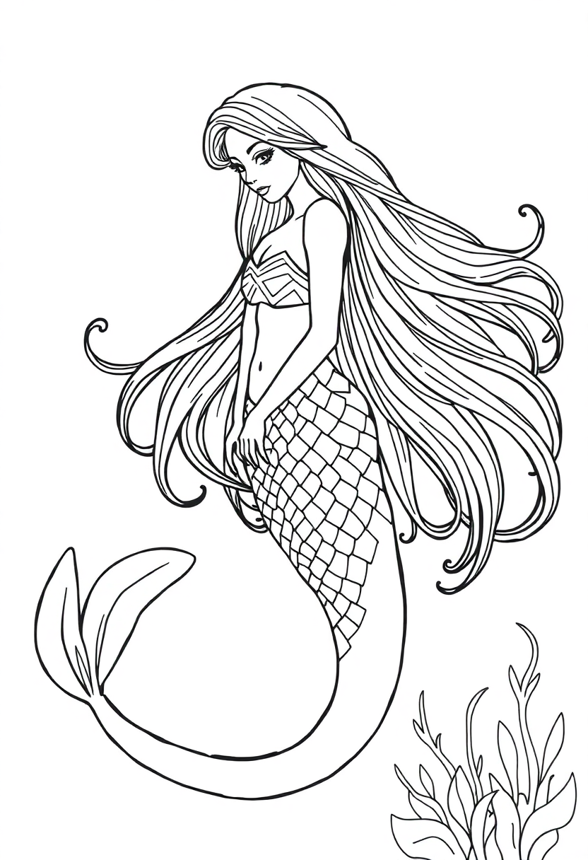 Mermaid with Long Flowing Hair coloring page, free printable