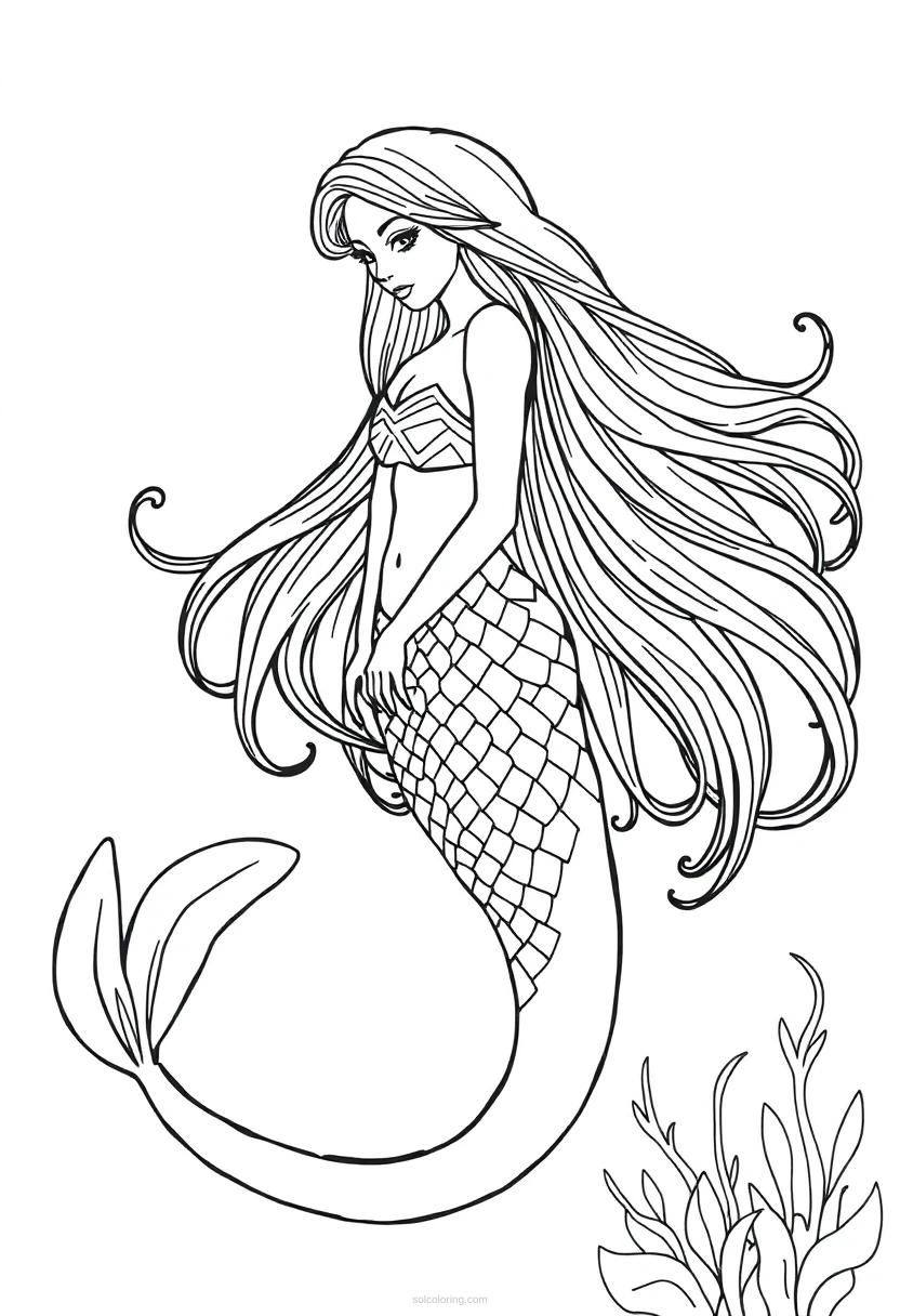 Mermaid with Long Flowing Hair coloring page for kids