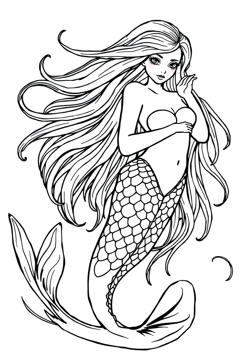Mermaid with Long Flowing Hair coloring page, free printable