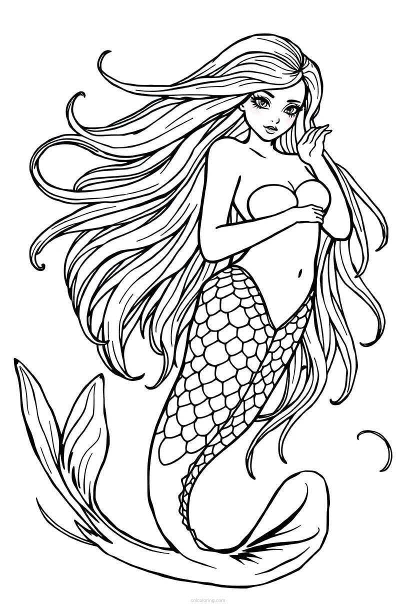 Mermaid With Long Flowing Hair coloring pages