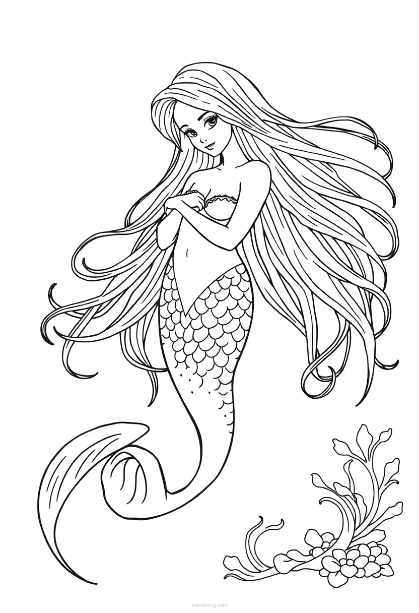 Mermaid with Long Flowing Hair coloring page for kids