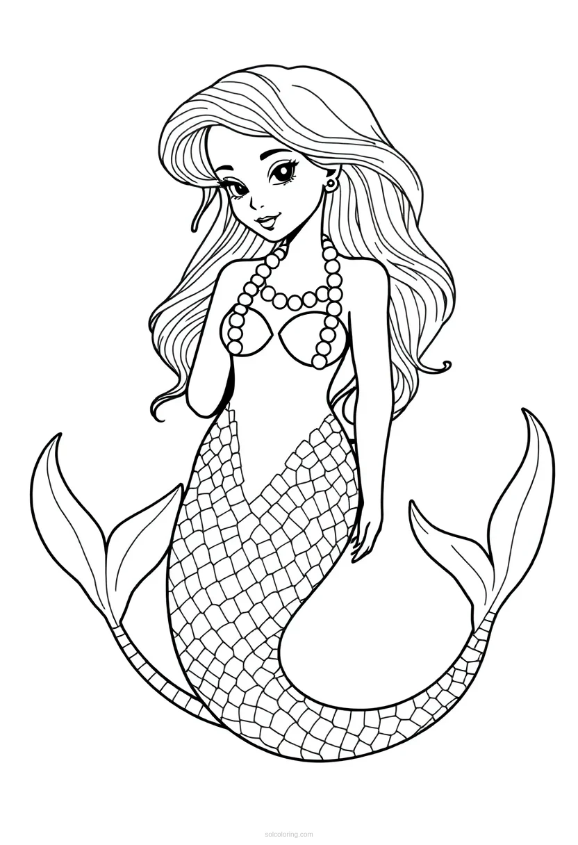 Mermaid with Pearl Necklace coloring page for kids