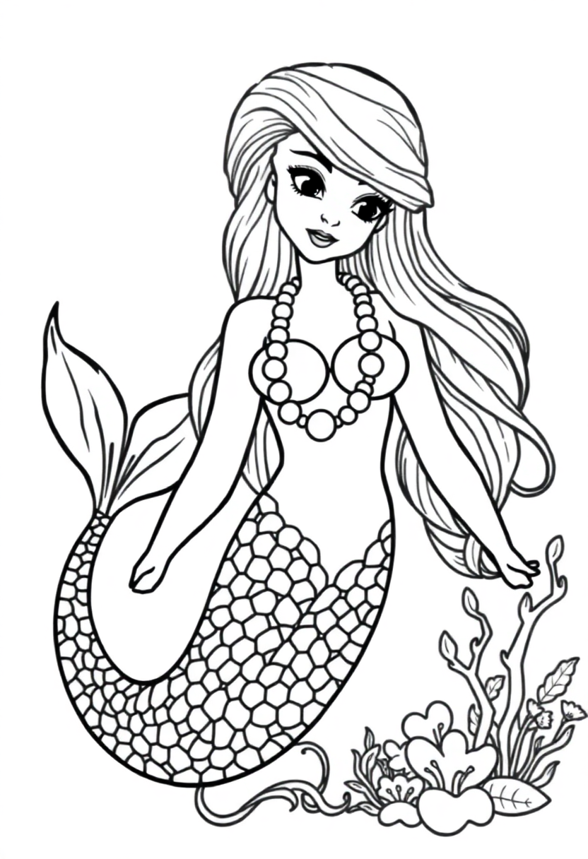 Cute cartoon mermaid with pearl necklace coloring page featuring bold outlines and flowing hair design