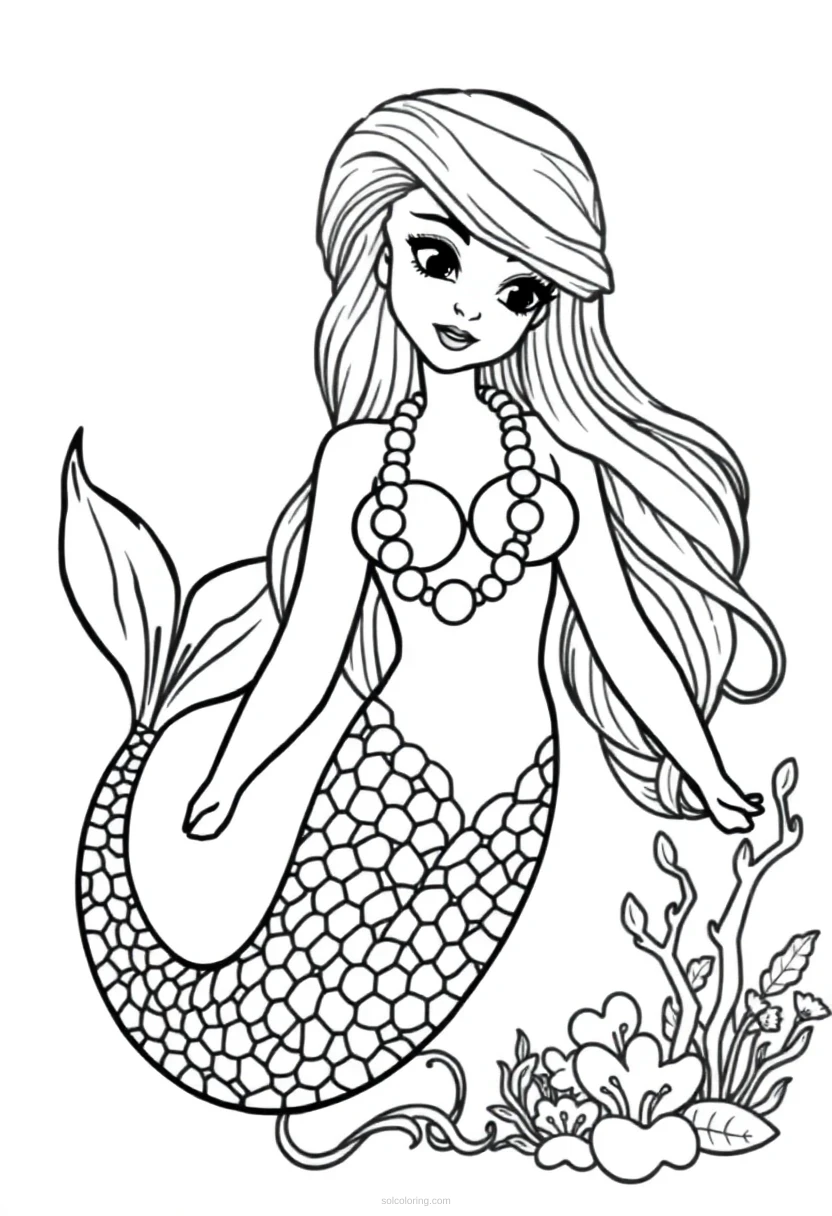 Mermaid with Pearl Necklace coloring page for kids