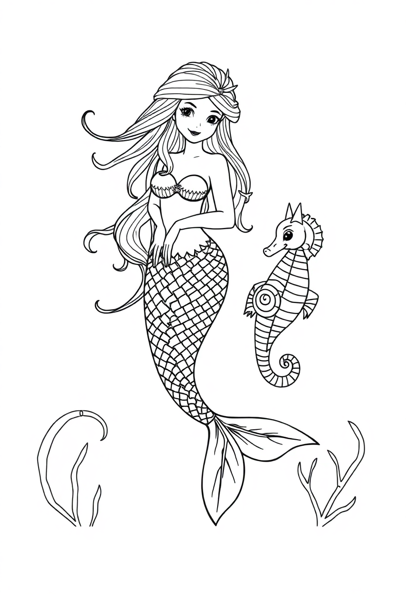 Mermaid with Seahorse Friends coloring page, free printable