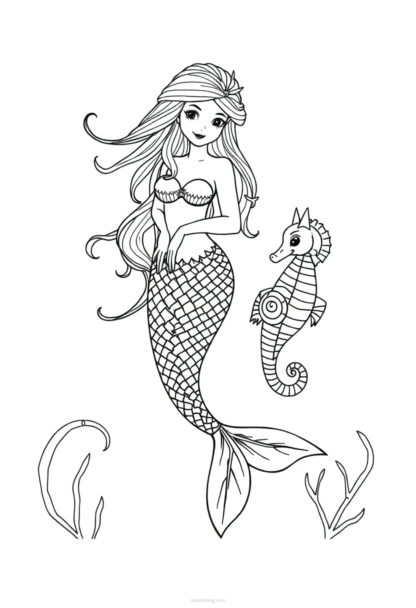 Mermaid with Seahorse Friends coloring page for kids