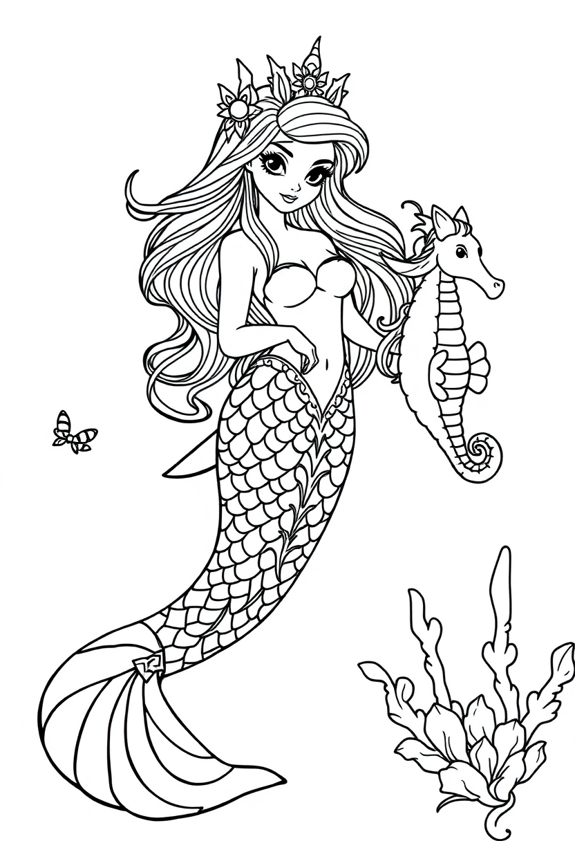 Mermaid with Seahorse Friends coloring page, free printable
