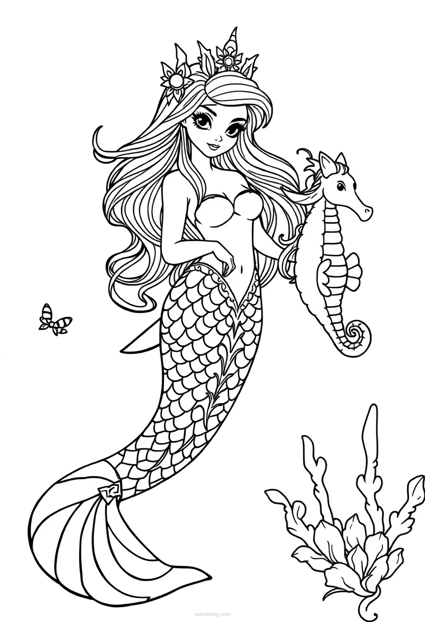 Mermaid with Seahorse Friends coloring page for kids