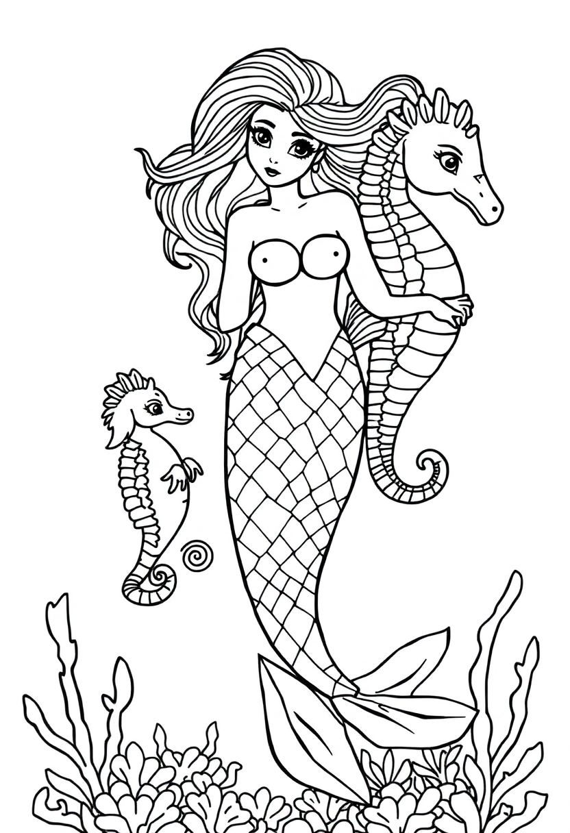 Mermaid with Seahorse Friends coloring page, free printable