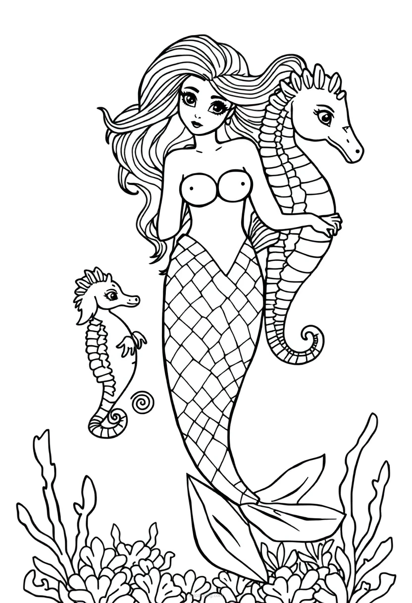 Mermaid with Seahorse Friends coloring page for kids