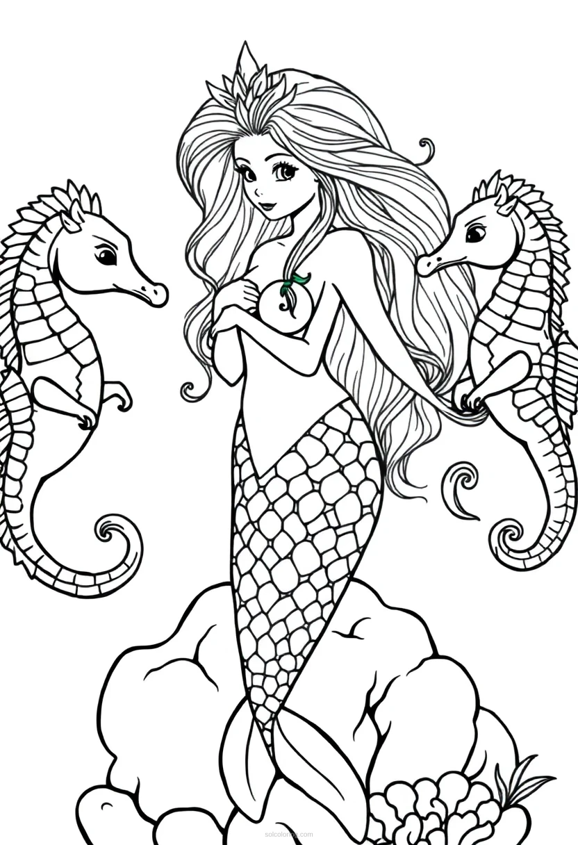 Mermaid with Seahorse Friends coloring page for kids