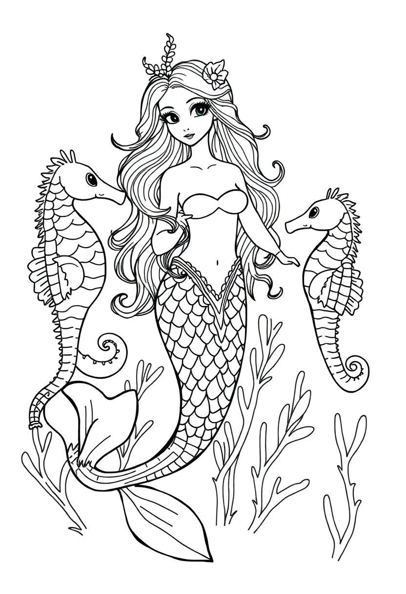 Mermaid with Seahorse Friends coloring page, free printable