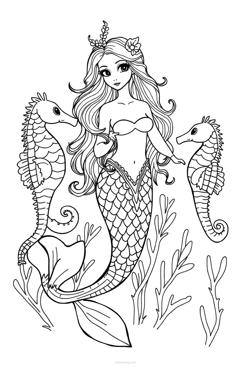 Mermaid with Seahorse Friends coloring page for kids