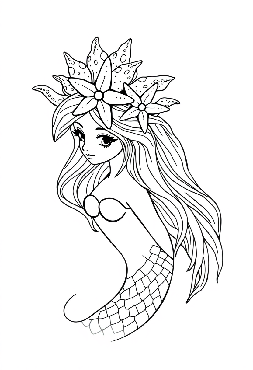 Mermaid with Starfish Crown coloring page, free printable