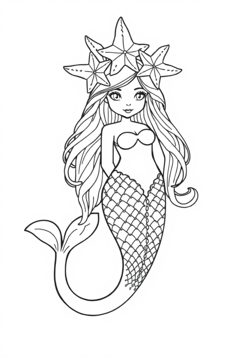 Mermaid with Starfish Crown coloring page, free printable