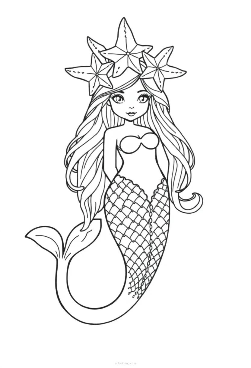 Mermaid with Starfish Crown coloring page for kids