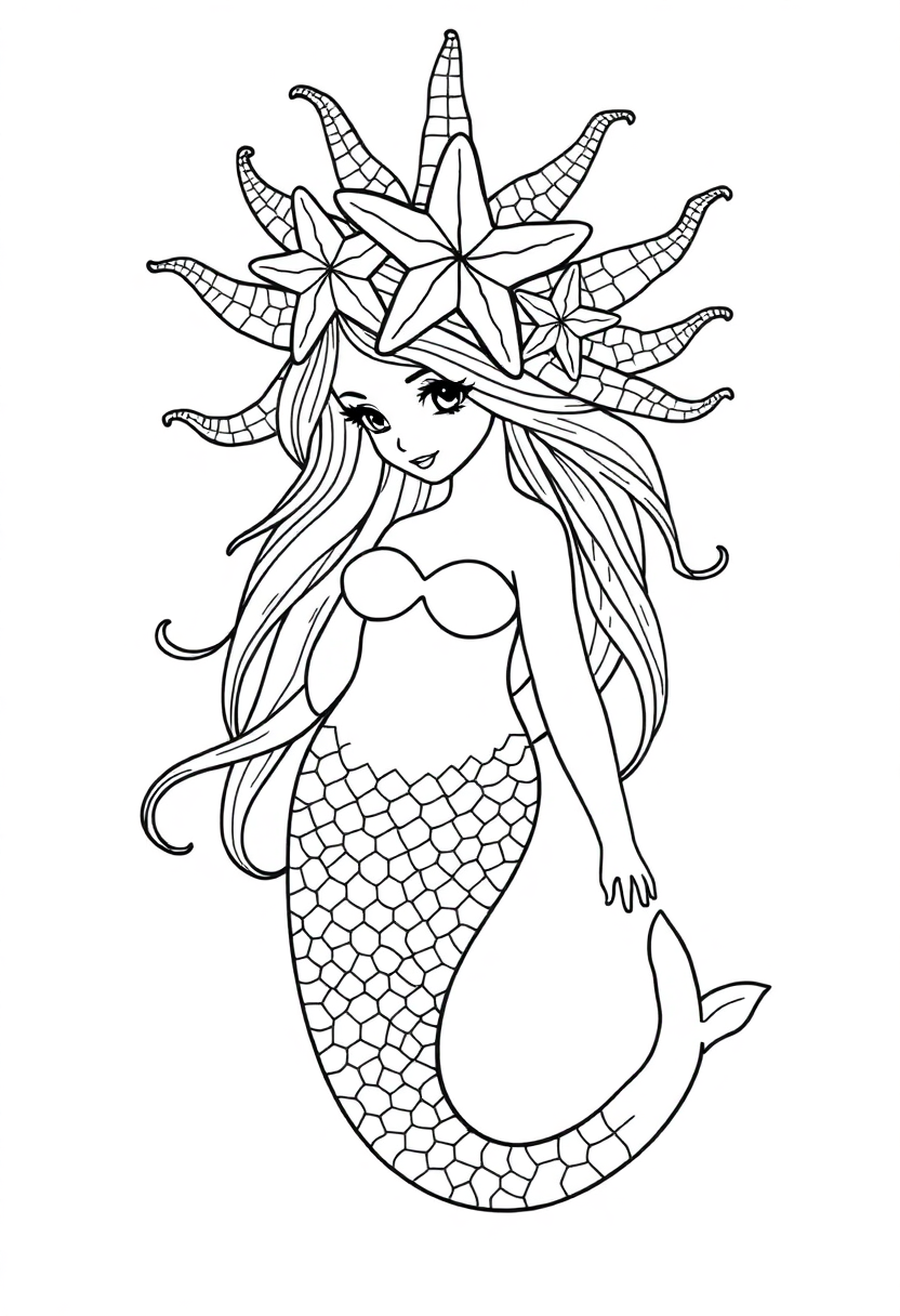 Mermaid with Starfish Crown coloring page, free printable
