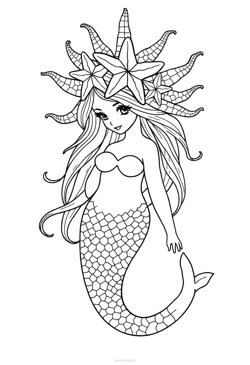 Mermaid with Starfish Crown coloring page for kids