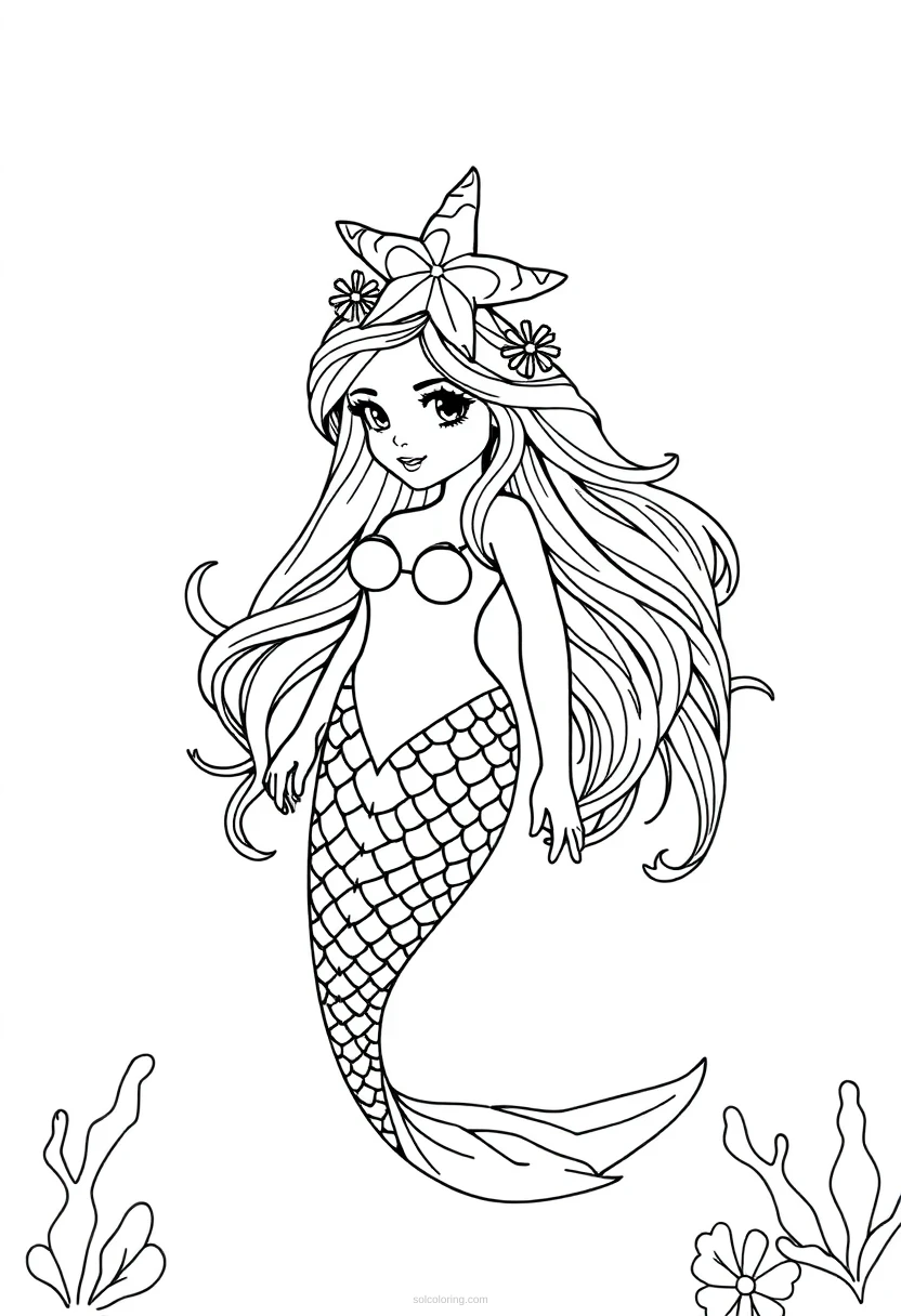 Mermaid with Starfish Crown coloring page for kids