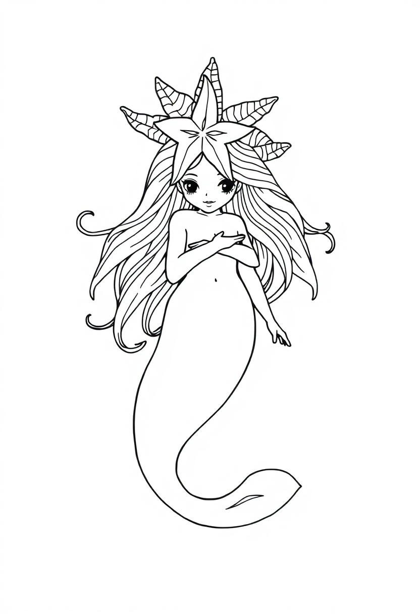 Mermaid with Starfish Crown coloring page, free printable