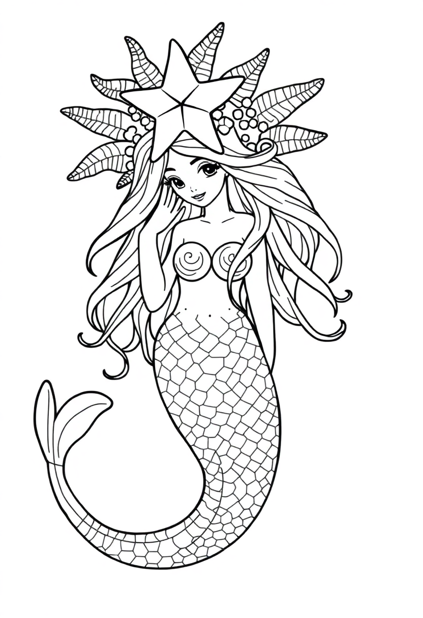 Mermaid with Starfish Crown coloring page, free printable