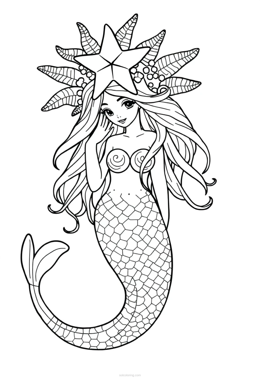 Mermaid with Starfish Crown coloring page for kids
