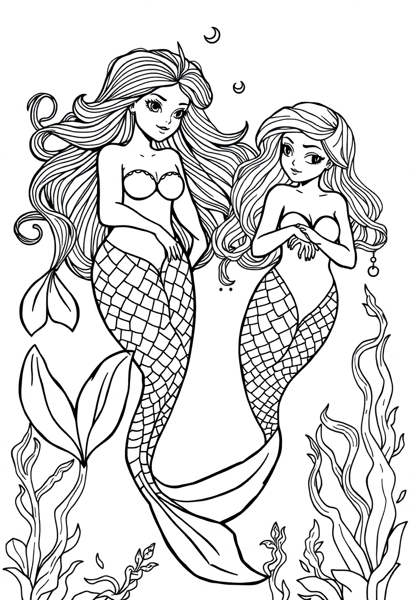 Mermaids coloring page for kids