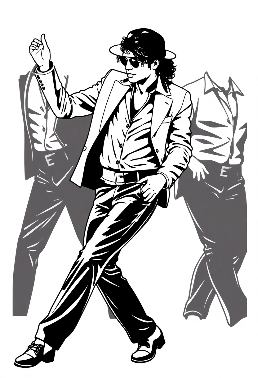 Michael Jackson dancing pose coloring page showing the pop star in iconic lean position with bold black outlines ready to color