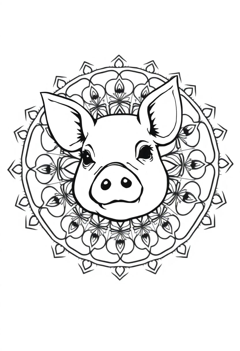 Mini pig coloring page with mandala patterns and decorative swirls, featuring bold black outlines on white background