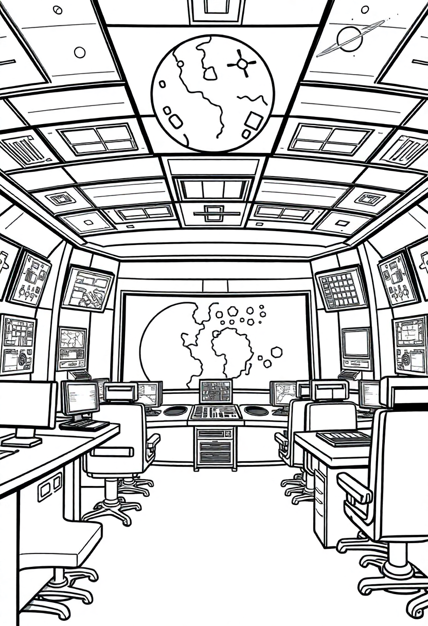 Mission Control Center coloring page, free printable