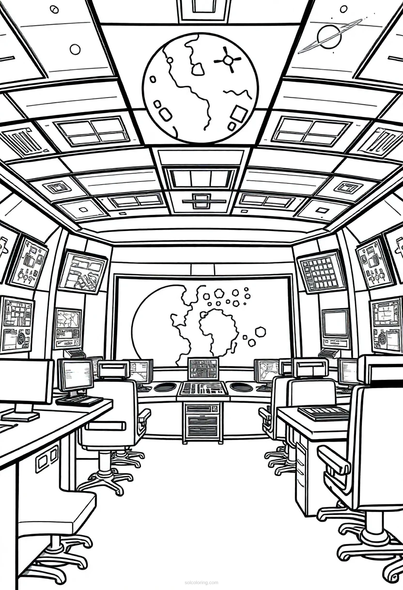 Mission Control Center coloring page for kids