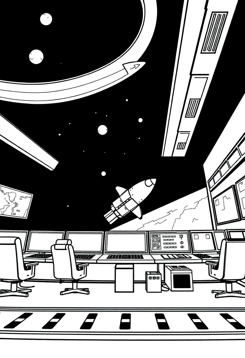 Mission Control Center coloring page, free printable