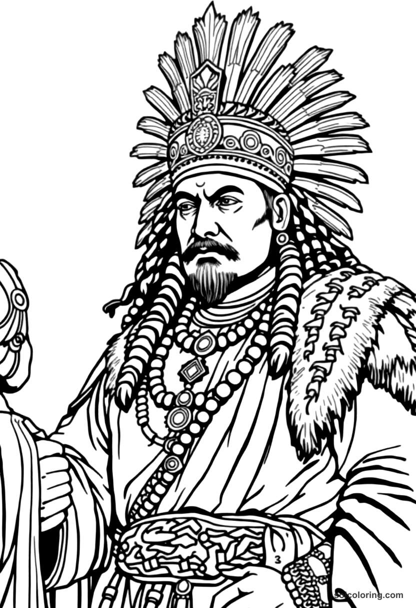 Moctezuma II Receiving Cortes coloring page, free printable detailed style