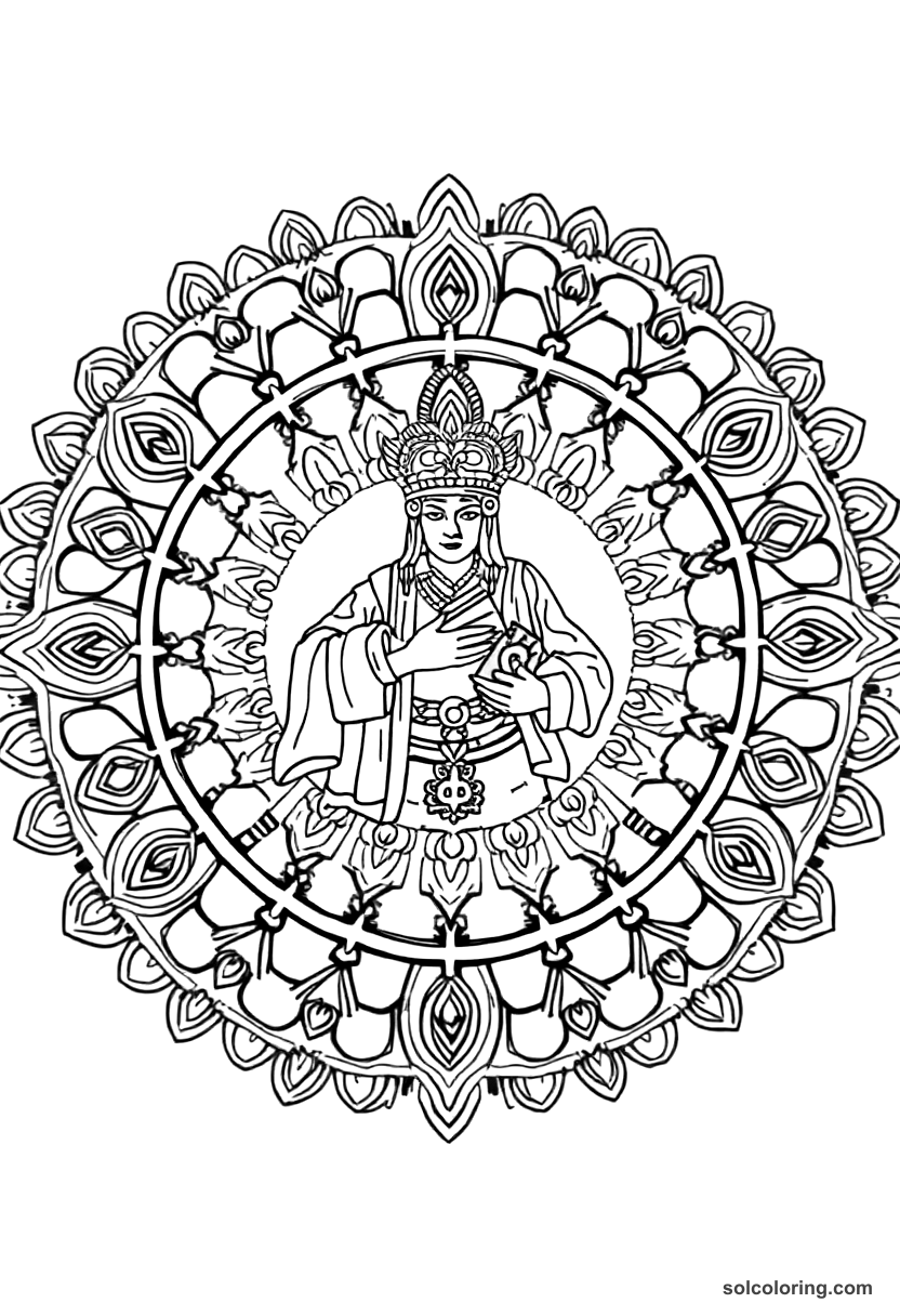 Mandala Moctezuma II Receiving Cortes coloring page, free printable mandala style