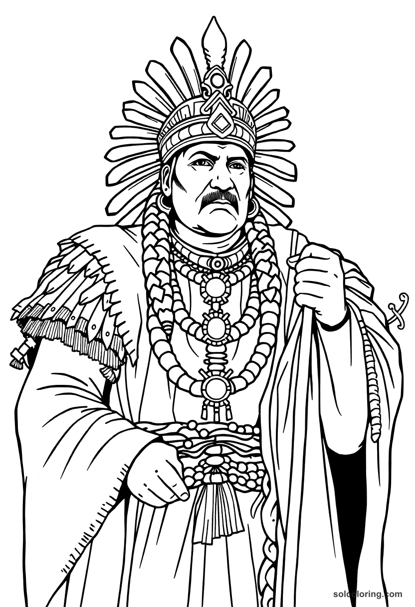 Free printable moctezuma ii receiving cortes coloring page with bold black outlines