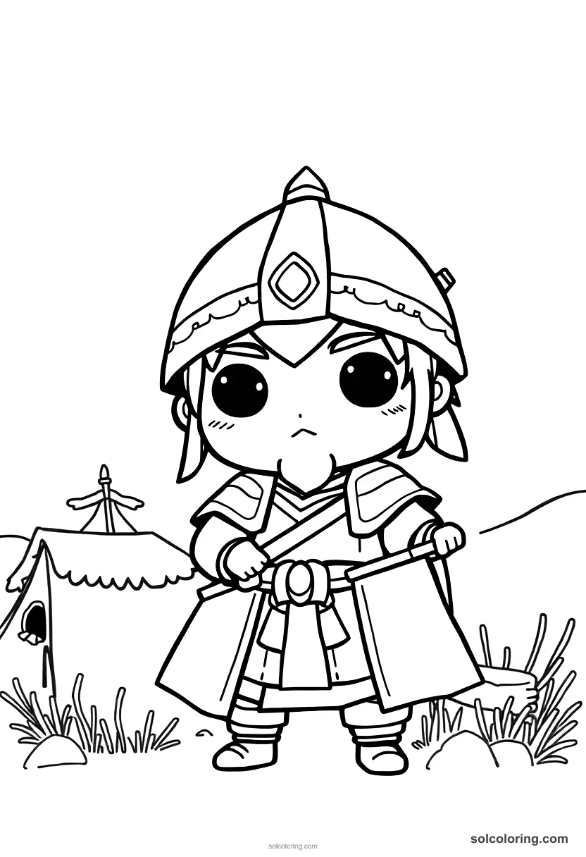 Chibi Mongol Warrior Camp on the Steppe chibi coloring page for kids