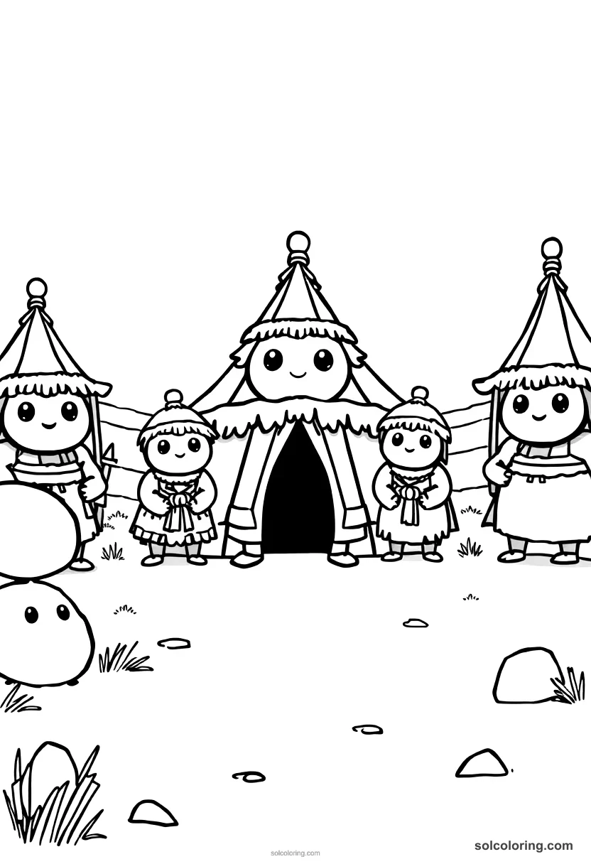 Cute Cartoon Mongol Warrior Camp on the Steppe cute cartoon coloring page for kids