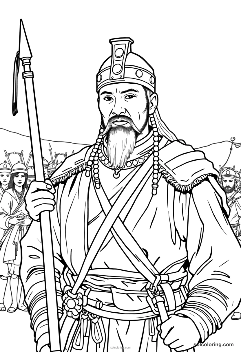 Mongol Warrior Camp on the Steppe detailed coloring page for kids
