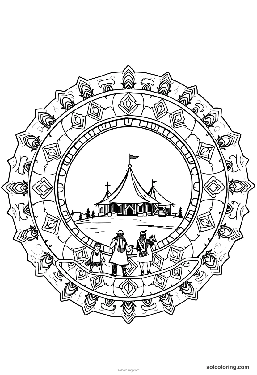 Mandala Mongol Warrior Camp on the Steppe mandala coloring page for kids