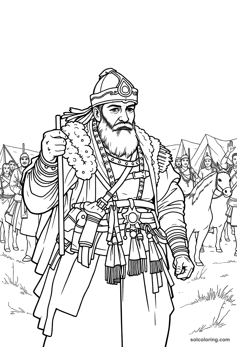 Mongol warrior camp coloring page showing yurts, horses, warriors in traditional dress on steppe landscape