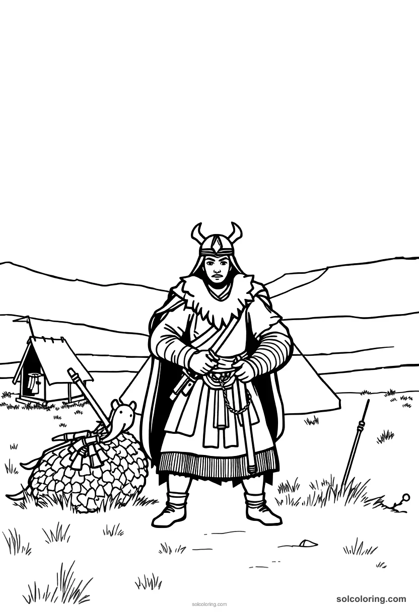 Simple Mongol Warrior Camp on the Steppe simple coloring page for kids