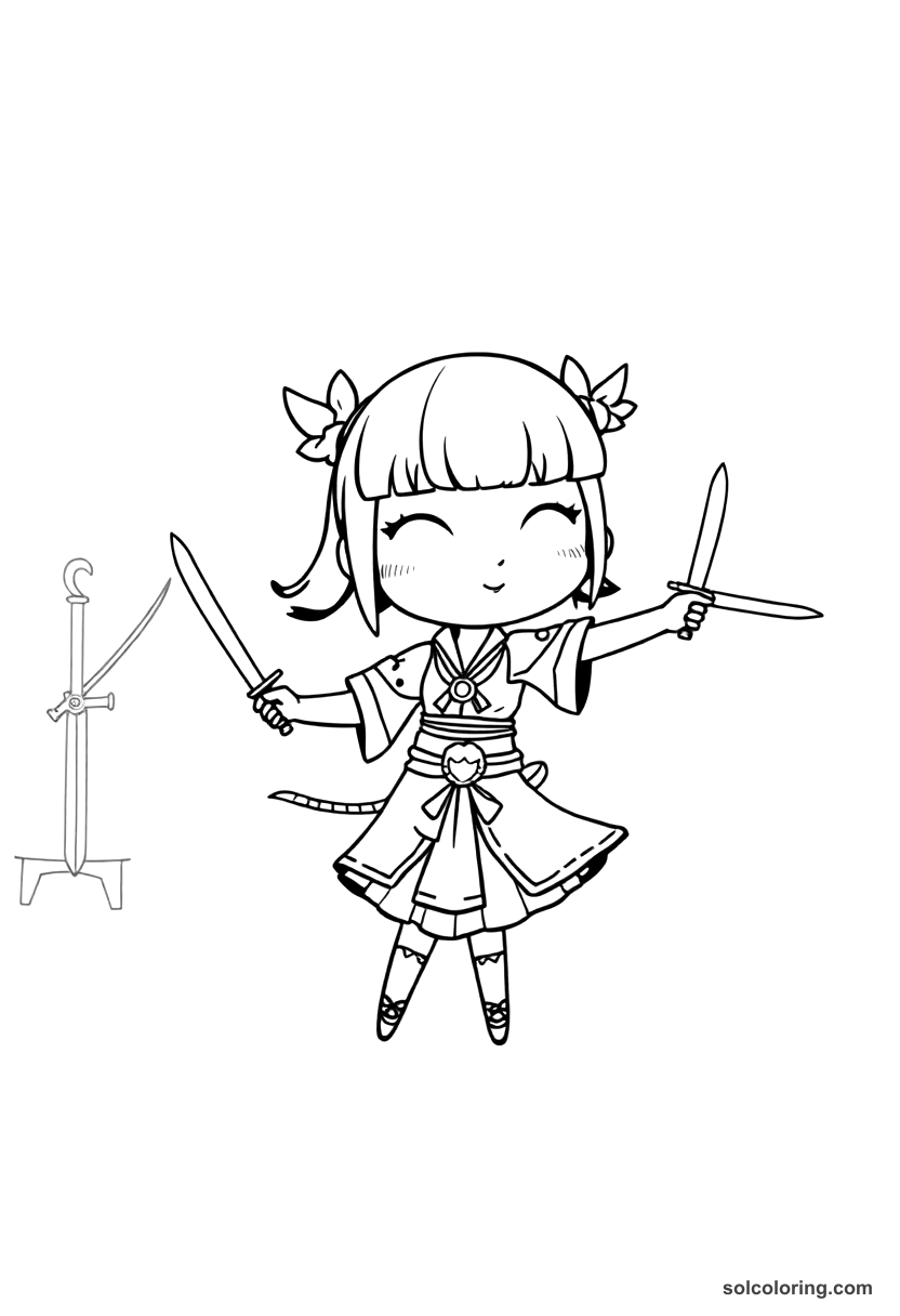 Chibi Morgiana dancing with daggers before the captain coloring page, free printable chibi style