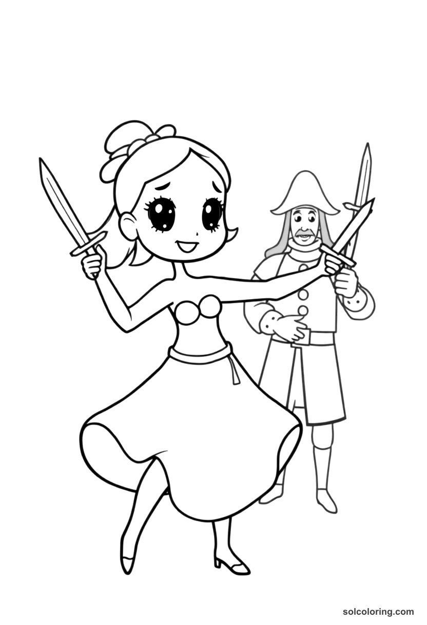 Cute Cartoon Morgiana dancing with daggers before the captain coloring page, free printable cute cartoon style