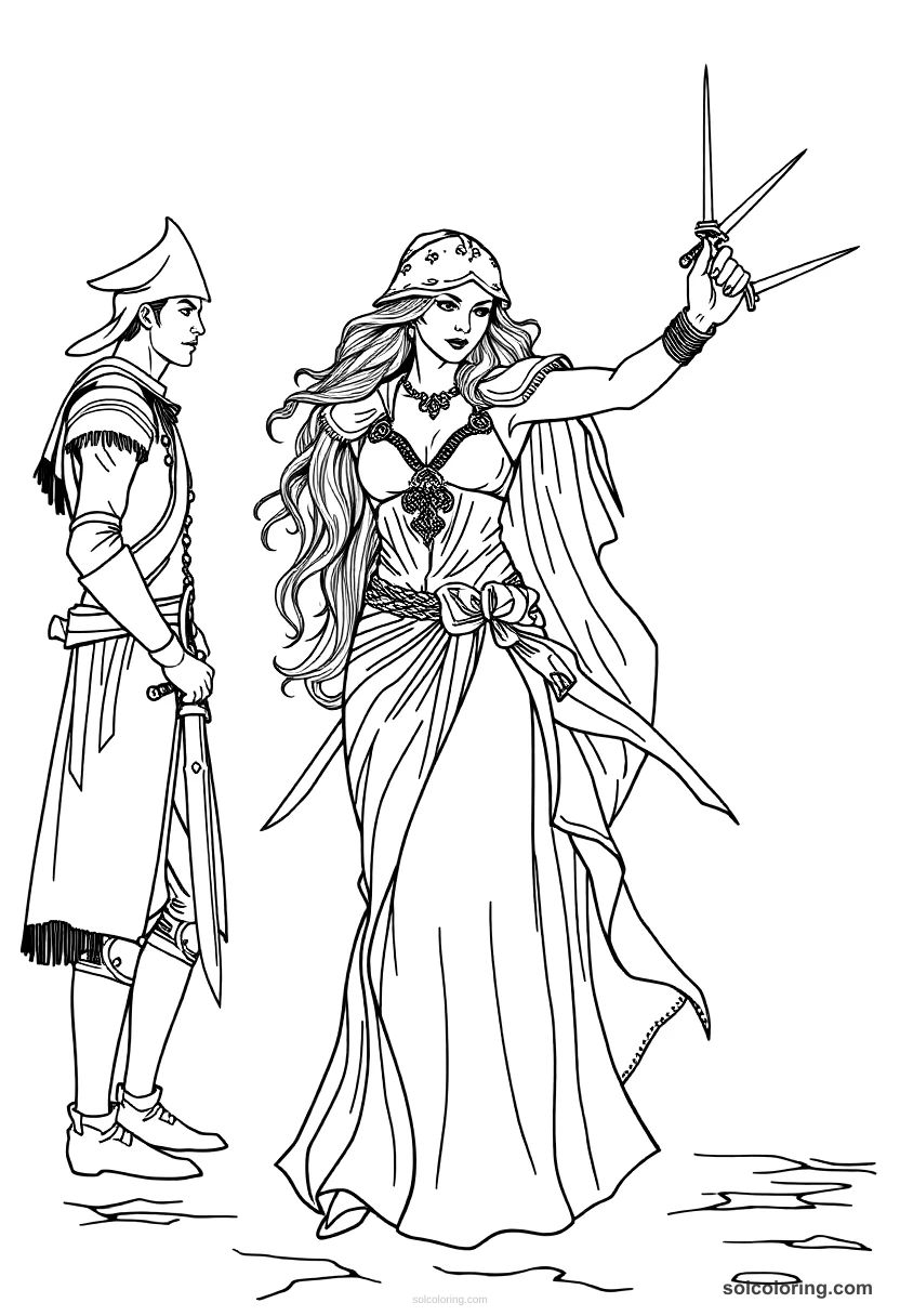 Morgiana dancing with daggers before the captain detailed coloring page for kids