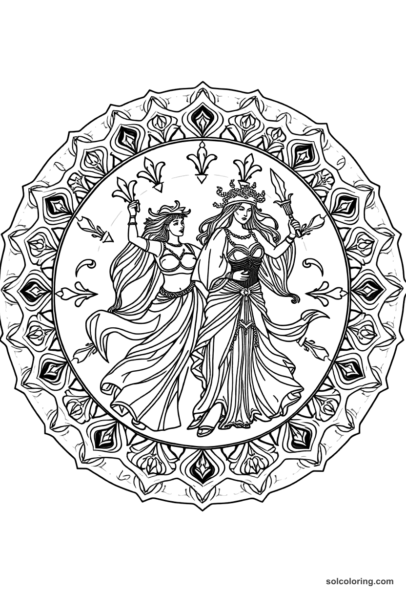 Mandala Morgiana dancing with daggers before the captain coloring page, free printable mandala style