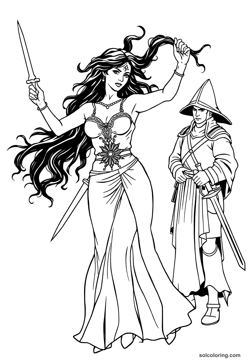 Morgiana Dancing With Daggers Before The Captain coloring pages