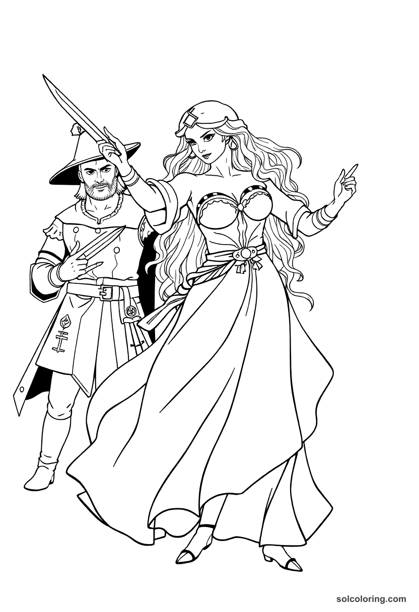 Simple Morgiana dancing with daggers before the captain coloring page, free printable simple style