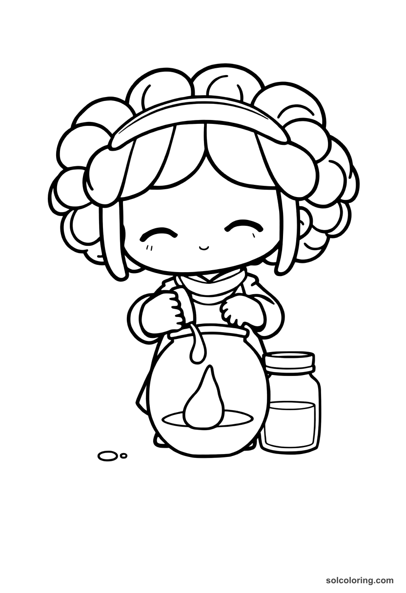 Chibi Morgiana pouring boiling oil into the jars coloring page, free printable chibi style for kids and adults